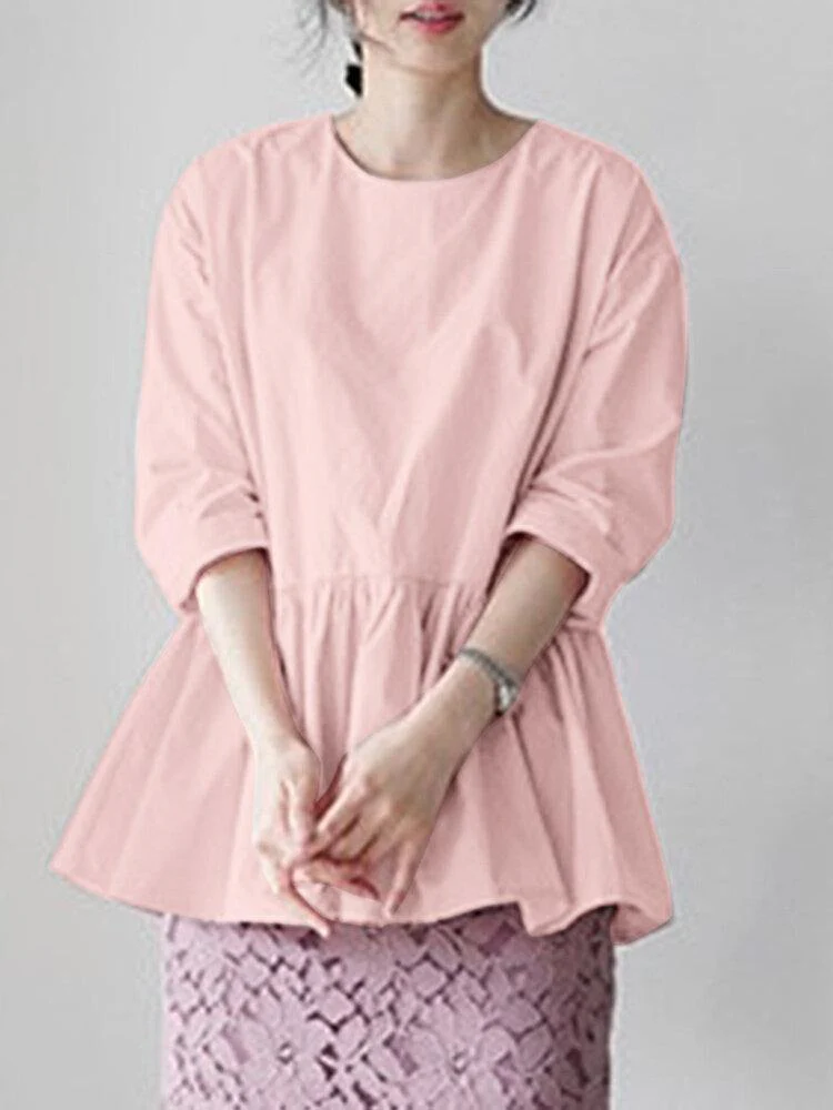 deanwangkt O-Neck Pleated Back Zipper Solid Blouse For Women - Deanwangkt