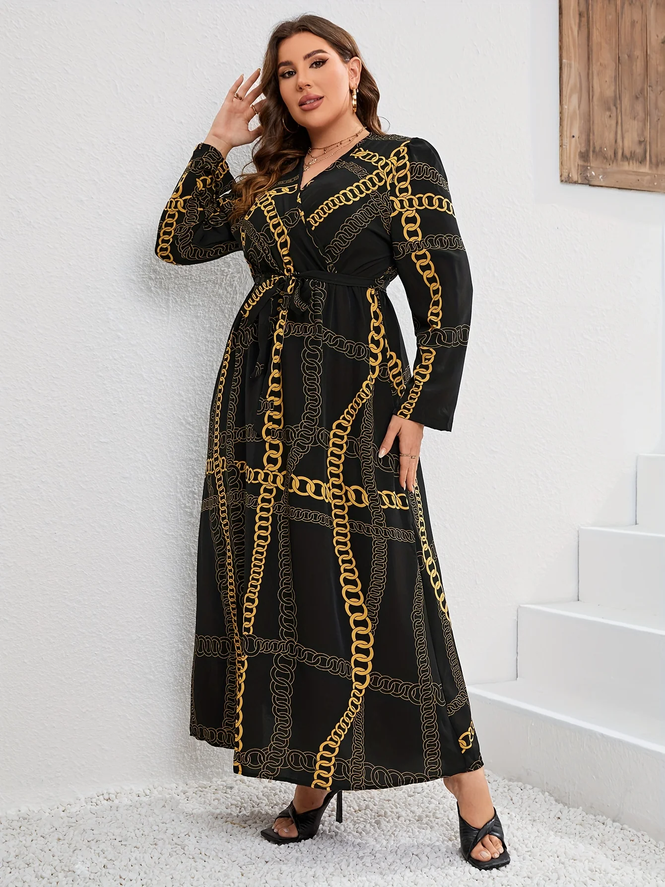 Plus Size Elegant Dress, Women's Plus Chian Print Long Sleeve Surplice Neck Slight Stretch Maxi Dress With Belt - Deanwangkt