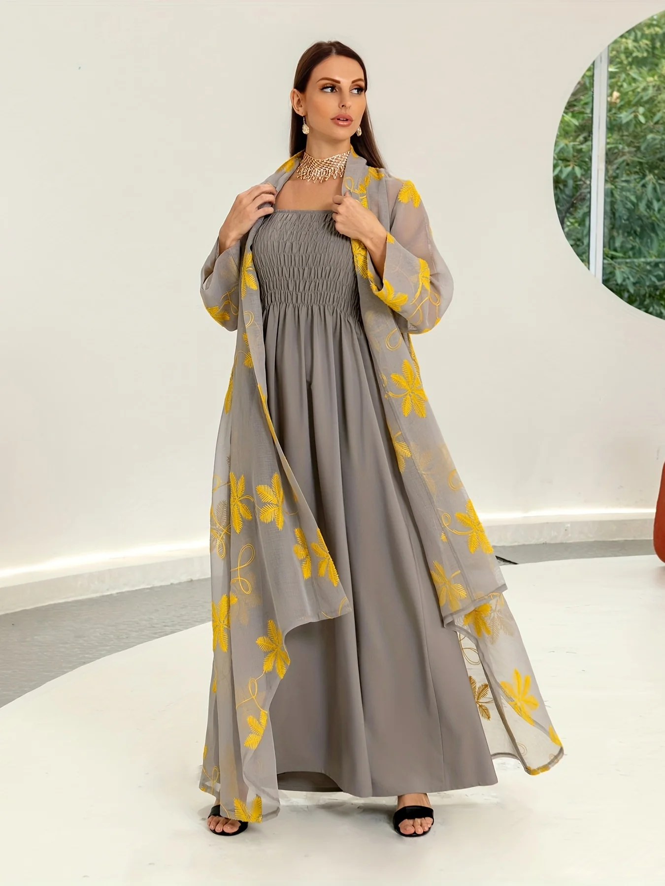 deanwangkt-1  Leaf Print Two-piece Dress Set, Shirred Tank Ankle Dress & Long Sleeve Irregular Hem Mesh Cardigan Outfits, Women's Clothing - Deanwangkt