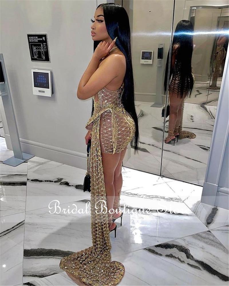 DEANWANGKT New Fashion Sweetheart See Through Gold Sequin Beading Sparkly African Black Girls Short Prom Dresses - Deanwangkt