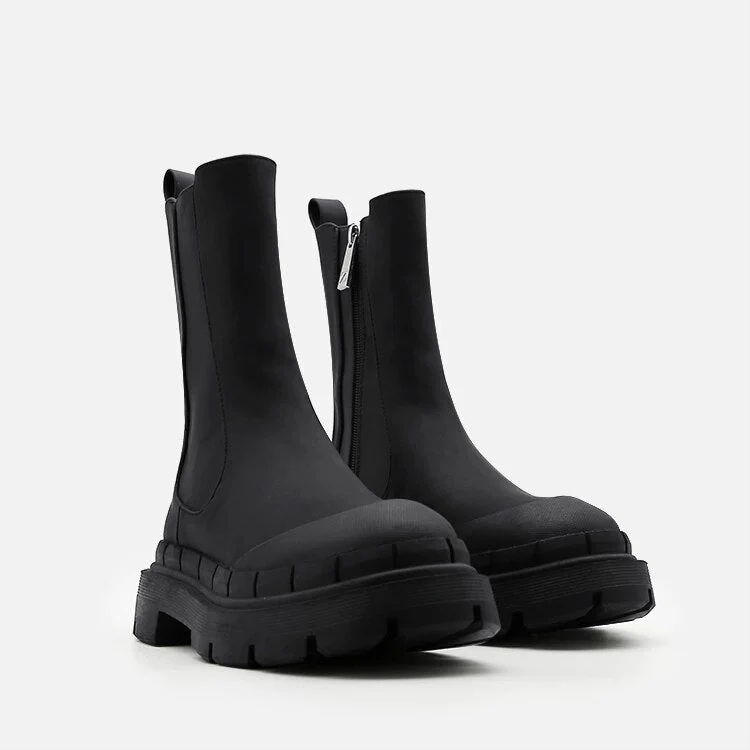 DEANWANGKT New Women's Ankle Boots Autumn Winter Chelsea Boots Pu Leather Zipper Chunky Heels Platform Fashion Ladies Shoes Long Boots - Deanwangkt