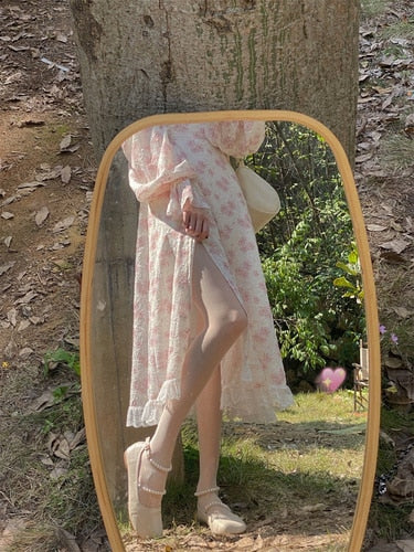 deanwangkt Floral France Vintage Elegant Dress Women Print Korean Sweet Party Midi Dresses Off Shoulder Sexy Beach Split Dress Summer - Deanwangkt