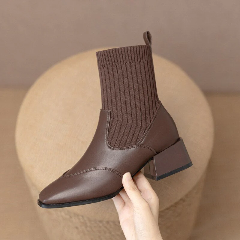 deanwangkt Autumn Winter New Ankle Socks Shoes Women Fashion Large Size  Knitted Short Boots Women Slip On High Heels - Deanwangkt