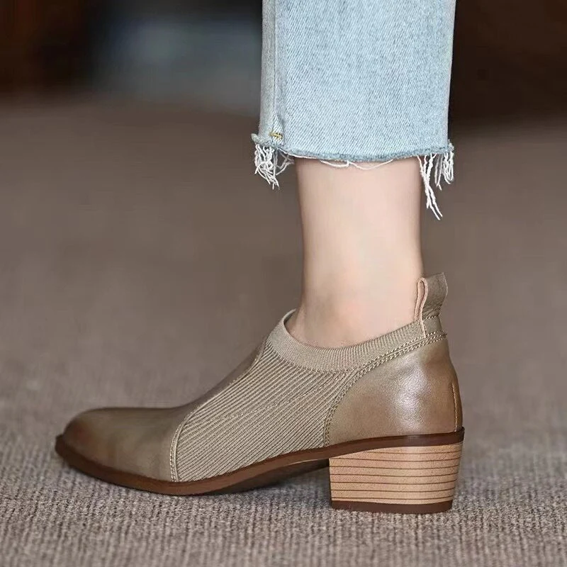 deanwangkt Autumn New Soft Work Shoes,Women Mid Heels,Stretch,Pointed Toe,Slip On British Style - Deanwangkt