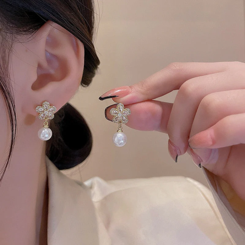 Korean Fashion Elegant Pearl Pendant Earrings Crystal Zircon Opal Flowers Drop Earring for Women Wedding Party Jewelry Gifts - Deanwangkt