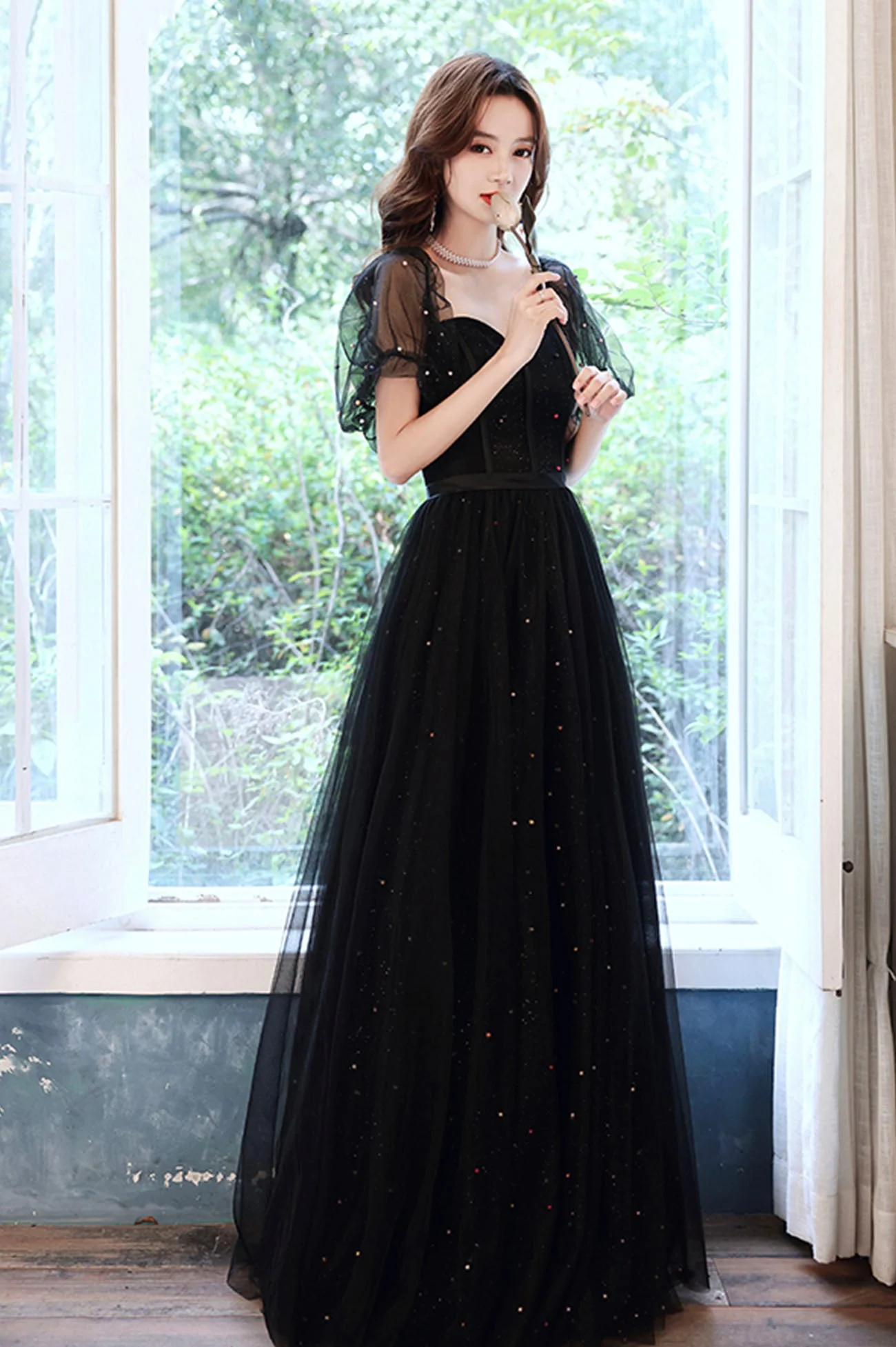 solvbao Black Tulle Long A-Line Prom Dress, Black Party Dress with Sequins - Deanwangkt