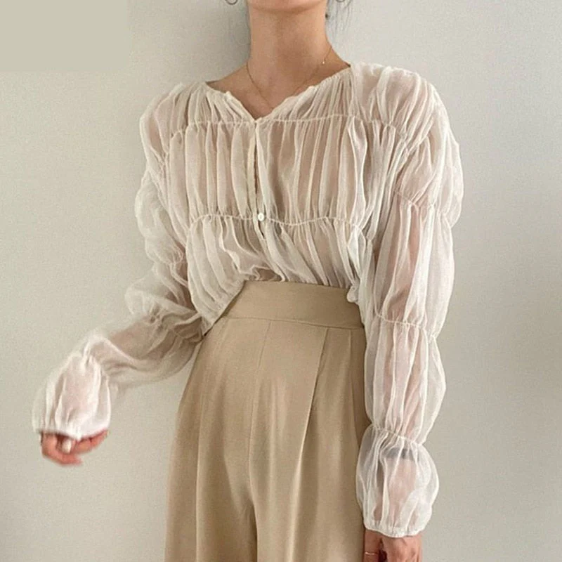 deanwangkt Korean Loose Casual Blouse Women Summer Slim Pleated Chiffon Shirt Fashion Folds Perspective Long Sleeve Tops Blusas Mujer - Deanwangkt