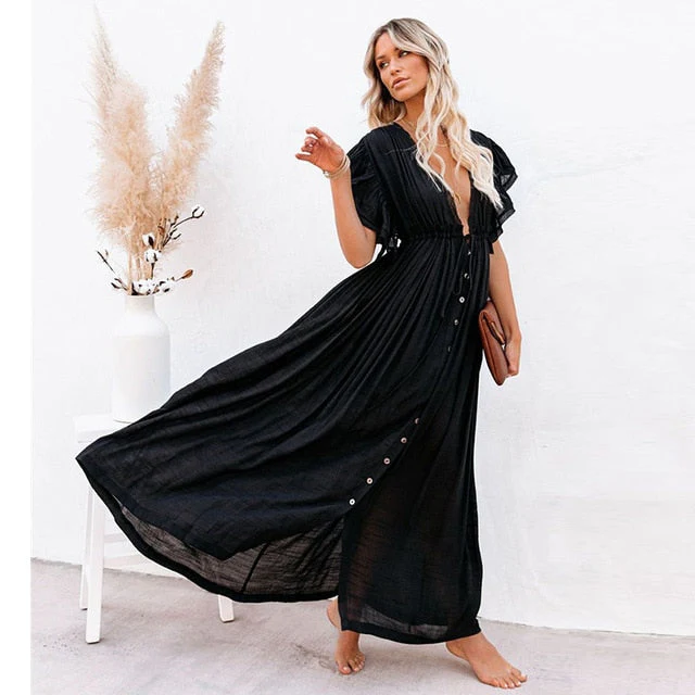 deanwangkt Crochet White Knitted Beach Cover up dress Tunic Long Pareos Bikinis Cover ups Swim Cover up Robe Plage Beachwear - Deanwangkt