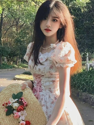deanwangkt Summer Floral Sweet Kawaii Fairy Dress  Print Lace France Vintage Elegant Dress Women Puff Sleeve Korean Party Midi Dresses - Deanwangkt