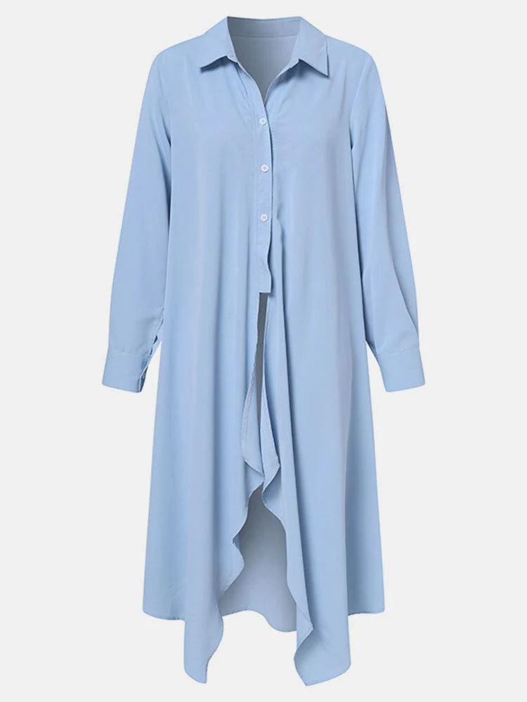 deanwangkt Pure Color Turn-down Collar Long Sleeve Button Irregular Hem Shirt Dress - Deanwangkt