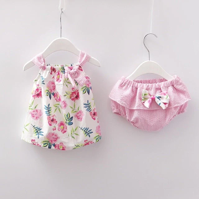 deanwangkt NEW Newborn Baby Girls Clothes Sleeveless Dress+Briefs 2PCS Outfits Set Striped Printed Cute Clothing Sets Summer Sunsuit 0-24M - Deanwangkt