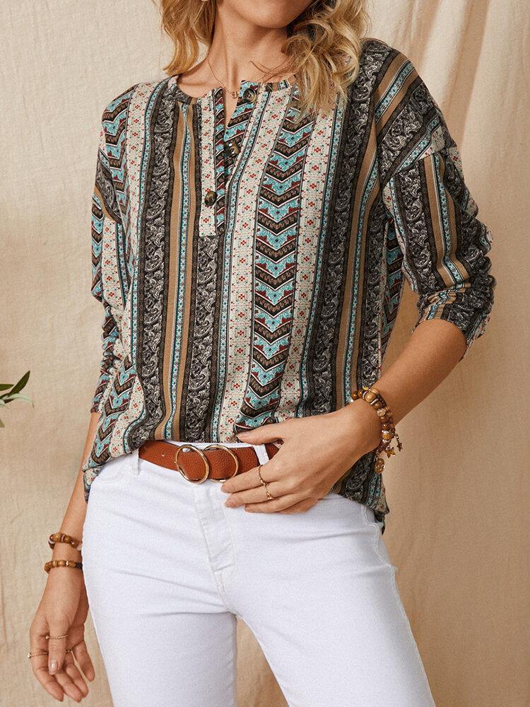 deanwangkt Striped Floral Print O-neck Long Sleeve Casual Blouse For Women - Deanwangkt