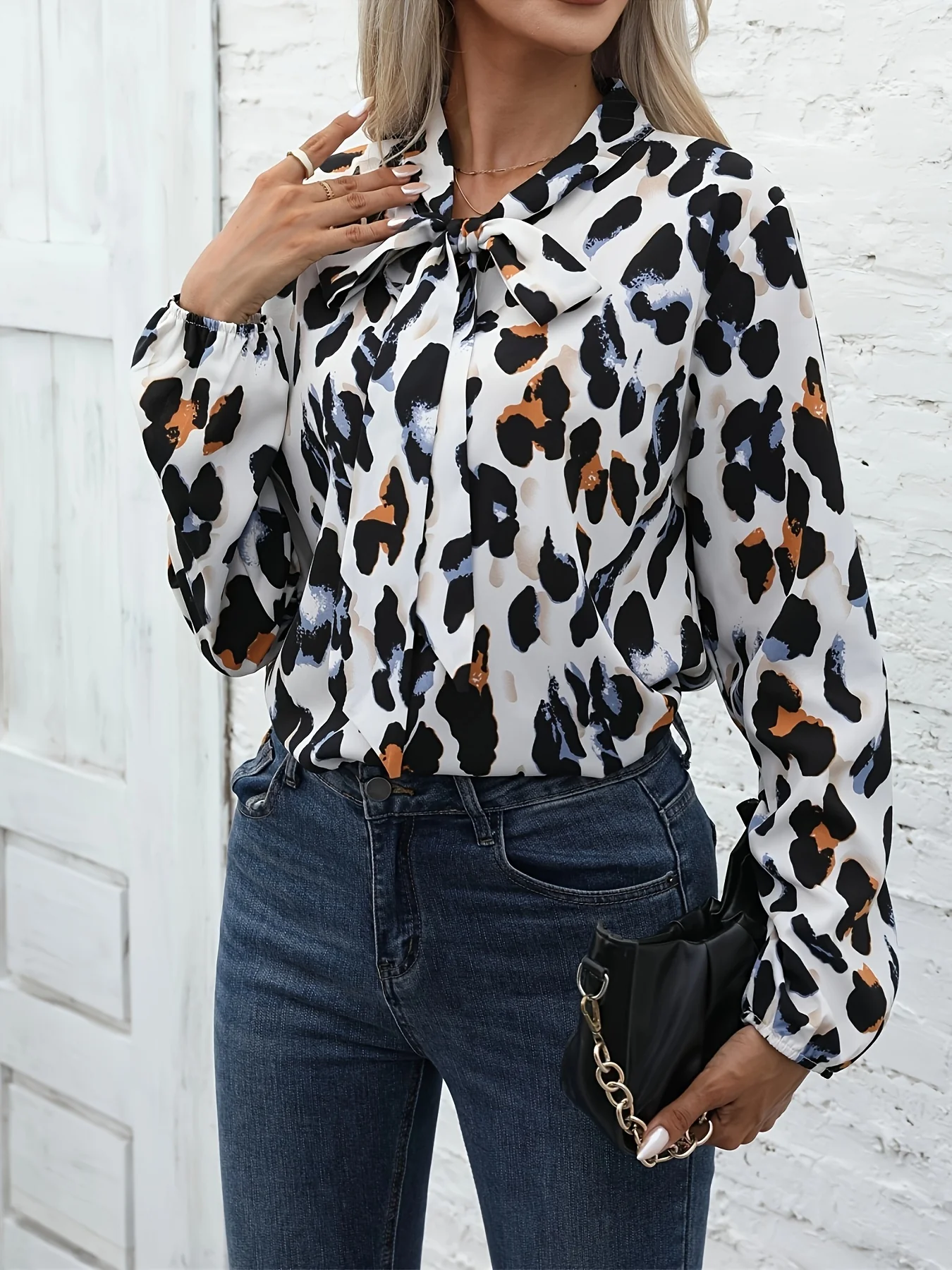 Women's Blouses Fashion Allover Print Bow Neck Blouse - Deanwangkt