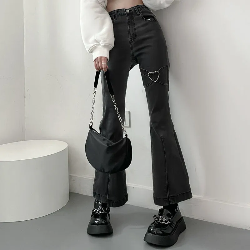deanwangkt Jeans for Women Vintage Black Denim Flare Pants Streetwear High Waist Slim Mom Trouser Harajuku Y2K Pants - Deanwangkt