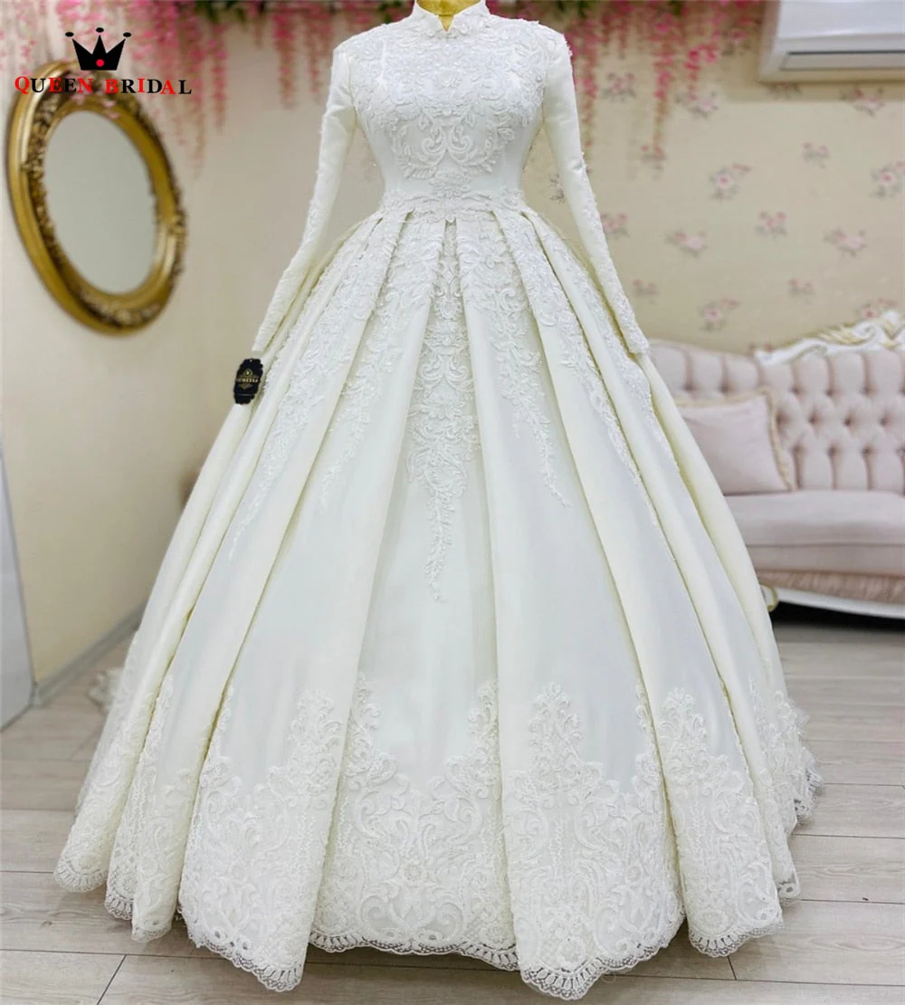 Muslim Wedding Dresses Real Photos Ball Gown High Neck Long Sleeve Satin Tulle Lace  Formal Luxury Bride Dress Custom Made DE18 - Deanwangkt