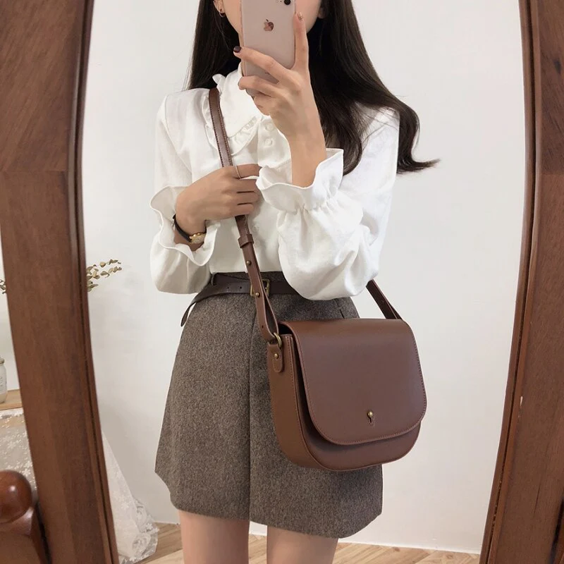 deanwangkt Shirts Blouses Women Fashion Design Girl Preppy Style Flare Sleeve Tops Crew Neck Solid Shirt Autumn Spring Brown Button Coats - Deanwangkt