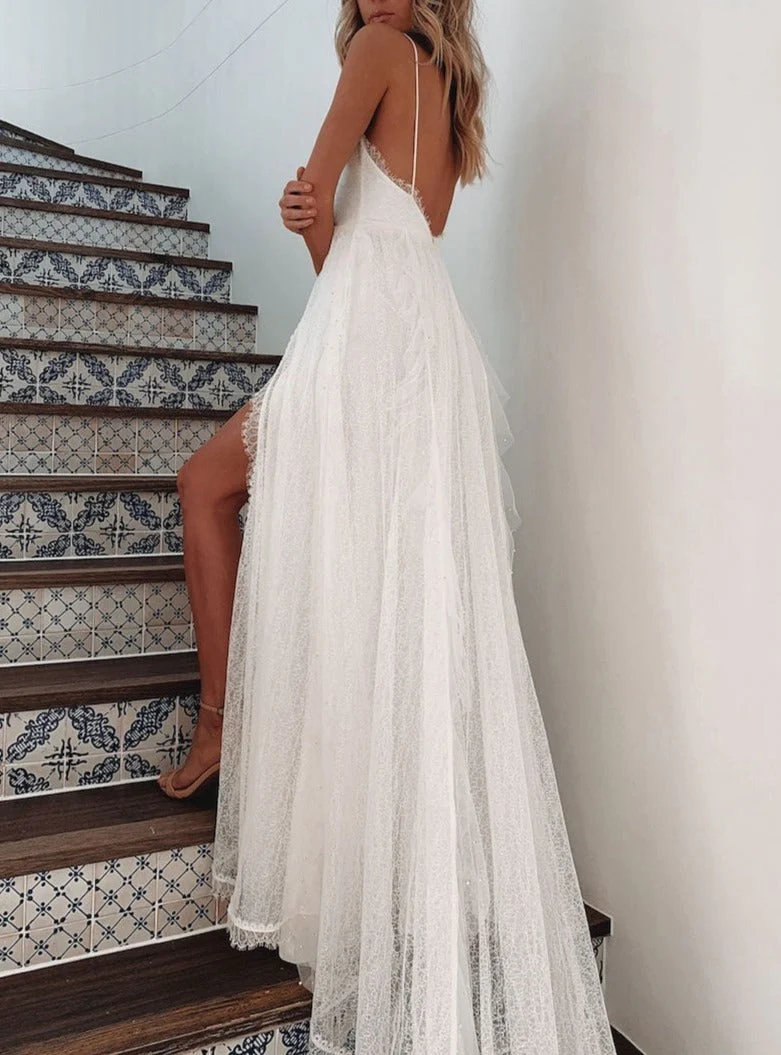 deanwangkt Sexy Deep V Neck Women Formal Dresses Lace Backless Sleeveless White Dress Fashion Party Beach Elegant Banquet Bridal Clothing - Deanwangkt