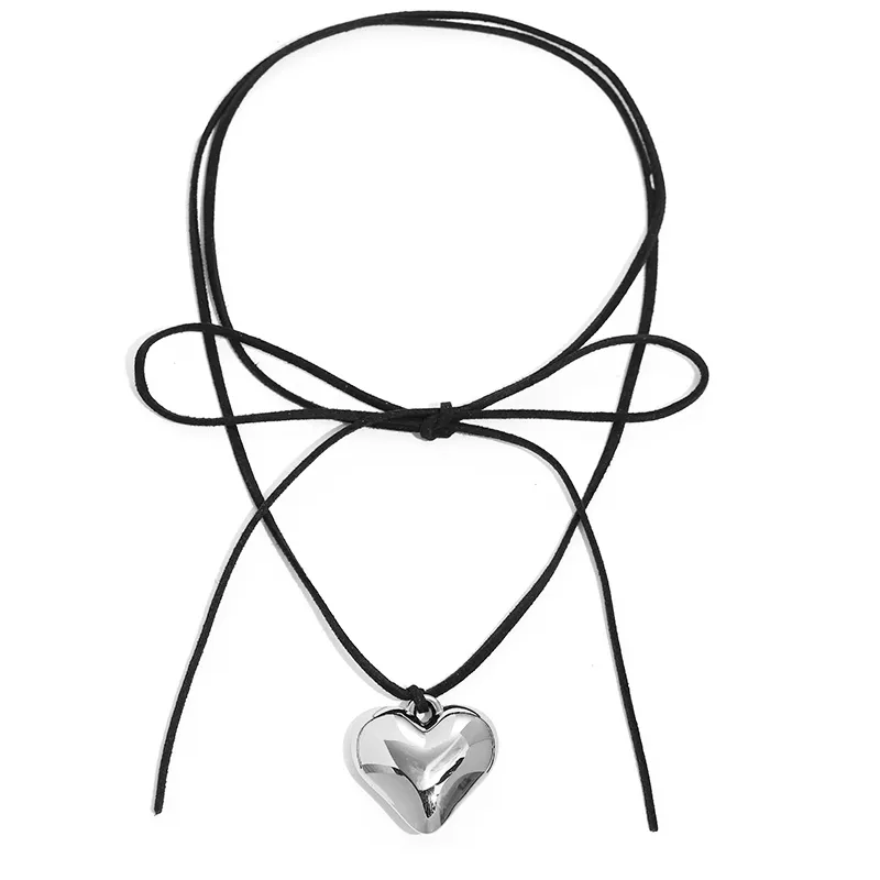 deanwangkt Diy Jewelry Goth Black Velvet Big Heart Pendant Choker Necklace for Women Elegant Weave Knotted Bowknot Adjustable Chain - Deanwangkt