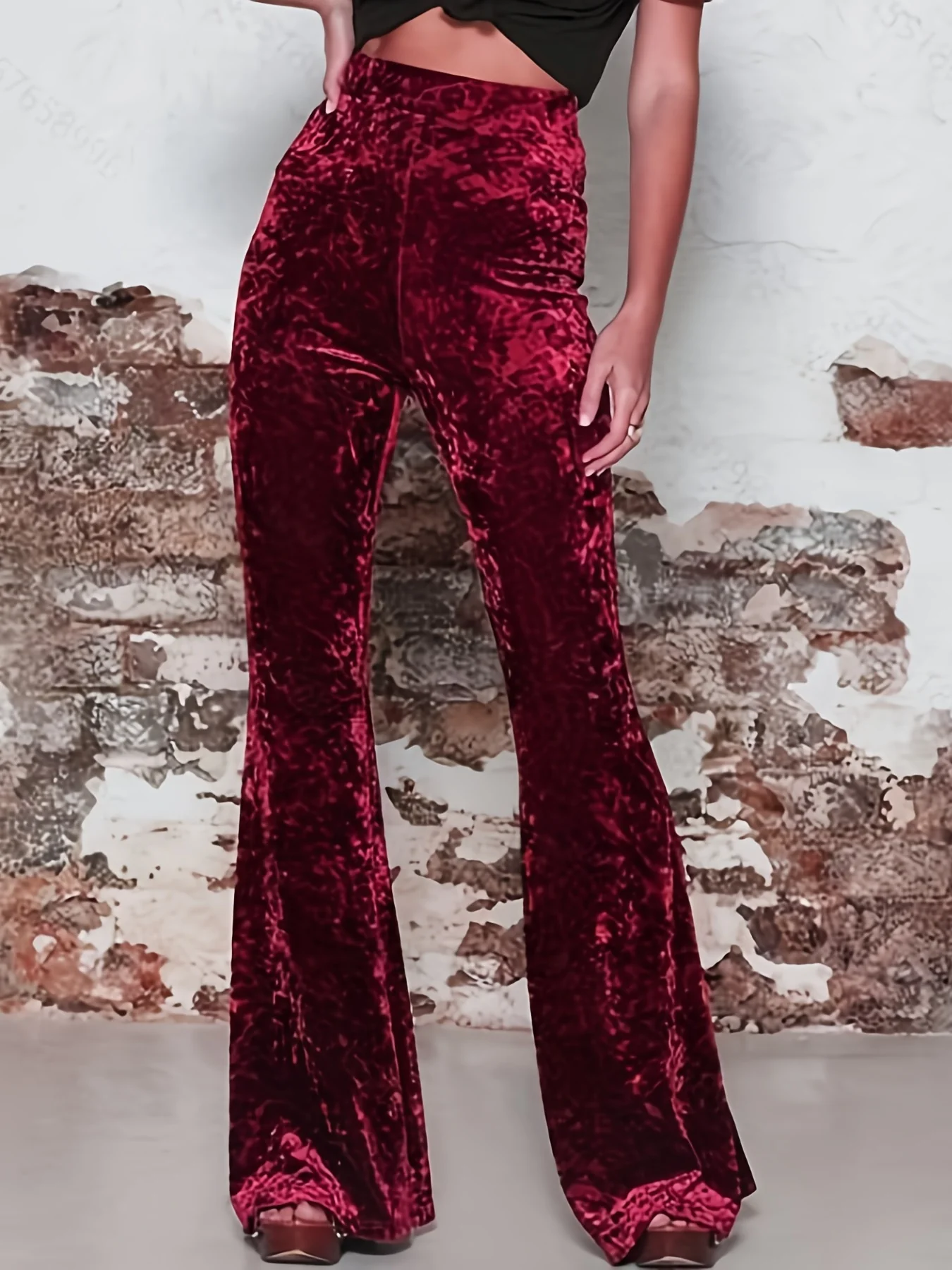 High Waist Solid Velvet Pants, Boho Every Day Flare Leg Pants For All Season, Women's Clothing - Deanwangkt
