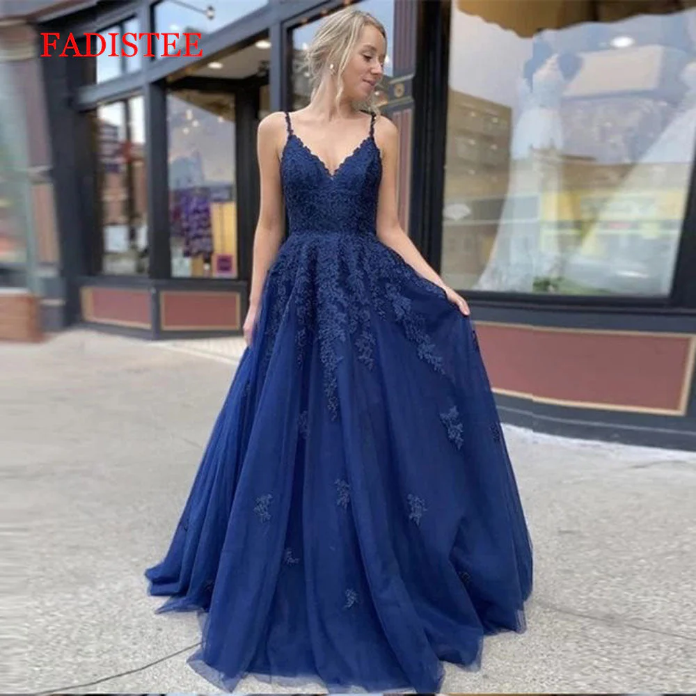 Lace navy blue V-neck vestidos de fiesta de noche prom party Evening Dresses robe de soiree gown frock long soft tulle lace-up - Deanwangkt