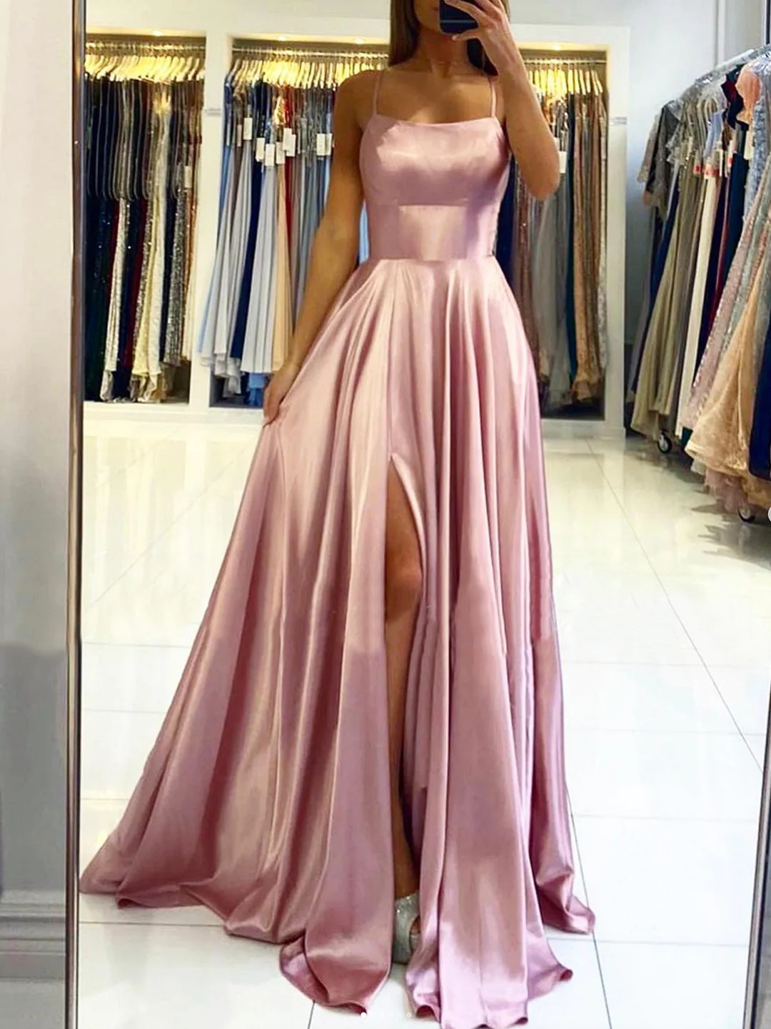 solvbao Pink Satin Long Prom Dress, Simple A-Line Backless Evening Dress - Deanwangkt
