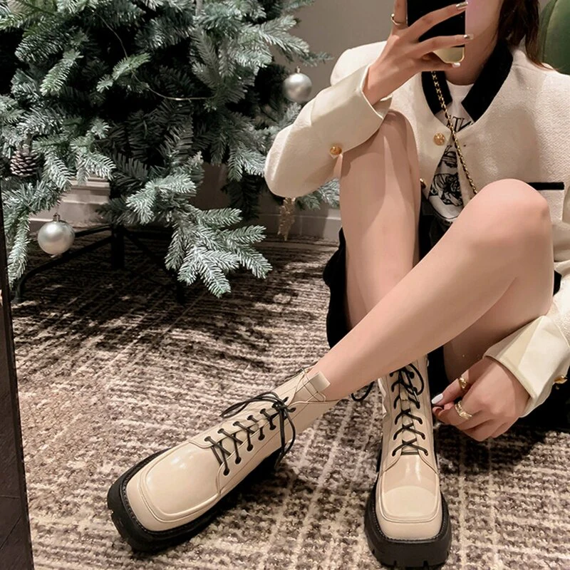 deanwangkt Autumn Boots   NEW Fall Shoes Women Split Leather Boots Square Toe Chunky Heel Women Boots Winter Solid Platform Boots for Women botas de mujer - Deanwangkt