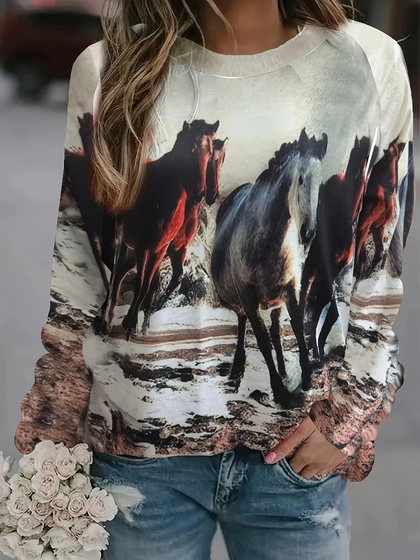 Horse Head Print Pullover Sweatshirt, Casual Long Sleeve Crew Neck Sweatshirt For Fall & Winter, Women's Clothing - Deanwangkt