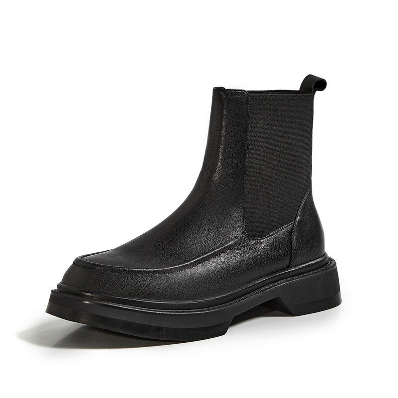 deanwangkt Autumn Shoes     Retro British Style Slip-On Chelsea Boots Genuine Leather Women's Boots Fashion Ankle Boots Round Toe Flat with Women Shoes - Deanwangkt