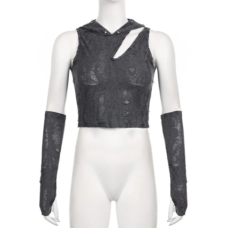 deanwangkt Frayed Cut Out Cyber Y2k Tank Tops Gothic Punk Rivet Hooded Sexy Female Crop Top Grunge Bodycon Streetwear With Gloves - Deanwangkt