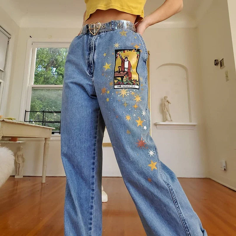 deanwangkt Digital Moon Star Printed Straight Pants Trendy Pants Jeans Fashion Printed Ladies High Waist Young Girls Chic Denim Pants - Deanwangkt