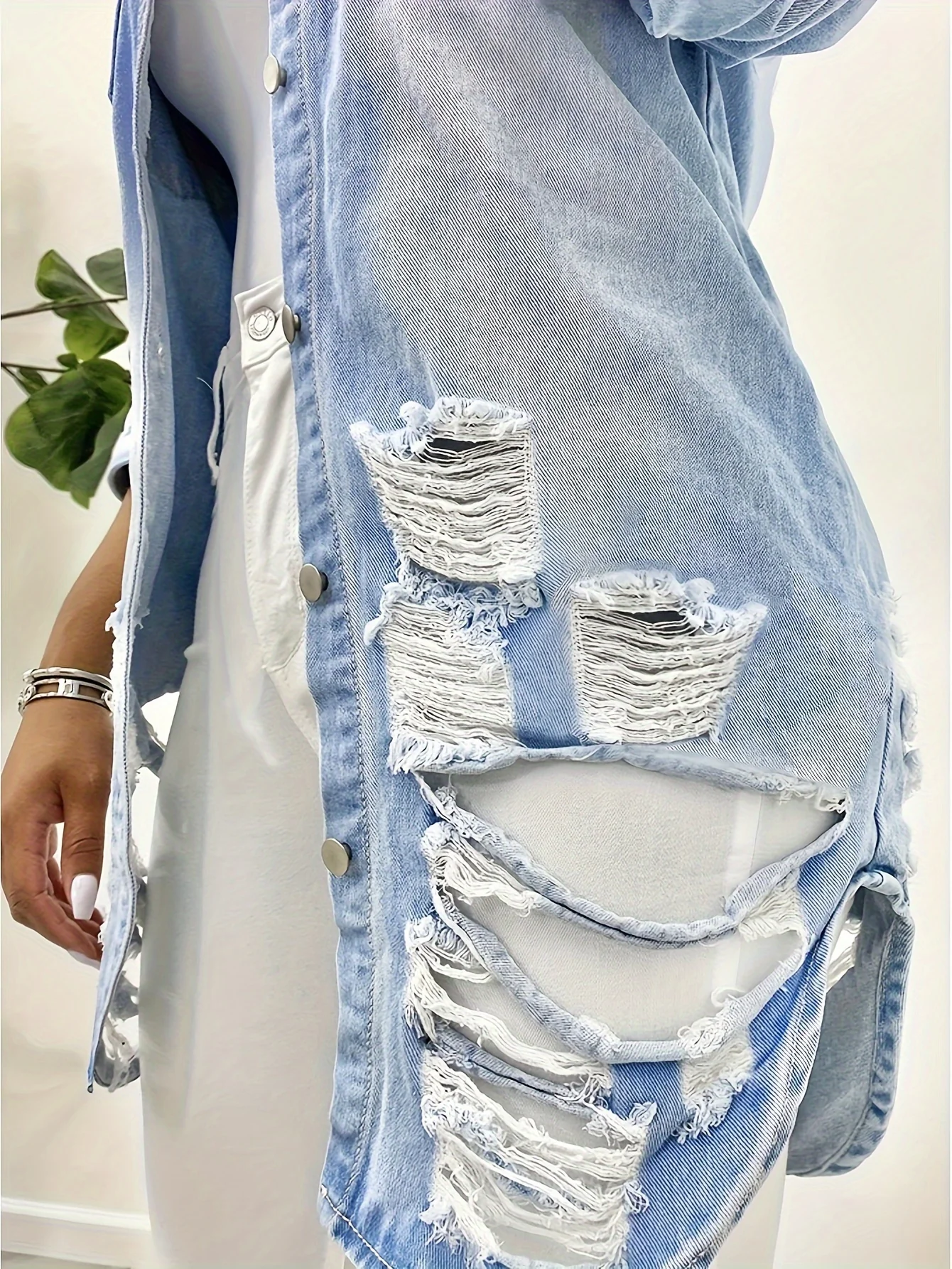 Long Sleeve Destroyed Butt Cover Denim Shirt, Ripped Fabrics Patch Pockets Button Closure Solid Color Shirt, Women's Denim & Clothing - Deanwangkt