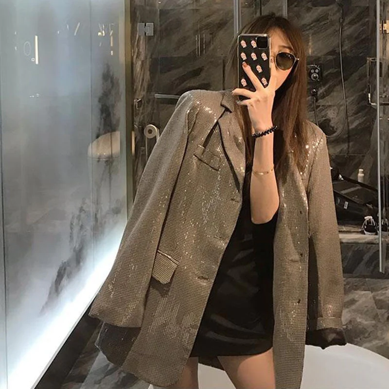 deanwangkt Lucyever Korean Fashion Shiny Sequin Blazer Women Luxury Bling Bling Long Sleeve Jacket Woman Streetwear Temperament Loose Coat - Deanwangkt
