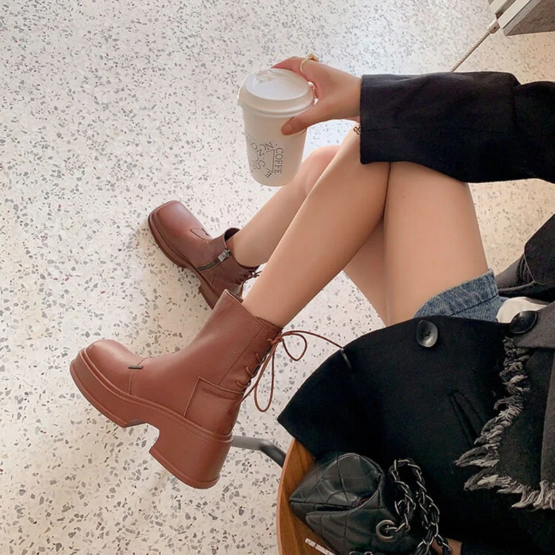 deanwangkt  fashion inspo    NEW Fall Shoes Women Genuine Leather Boots Round Toe Chunky Boots for Women Casual Platform Boots Solid Zipper Ankle Boots Women - Deanwangkt