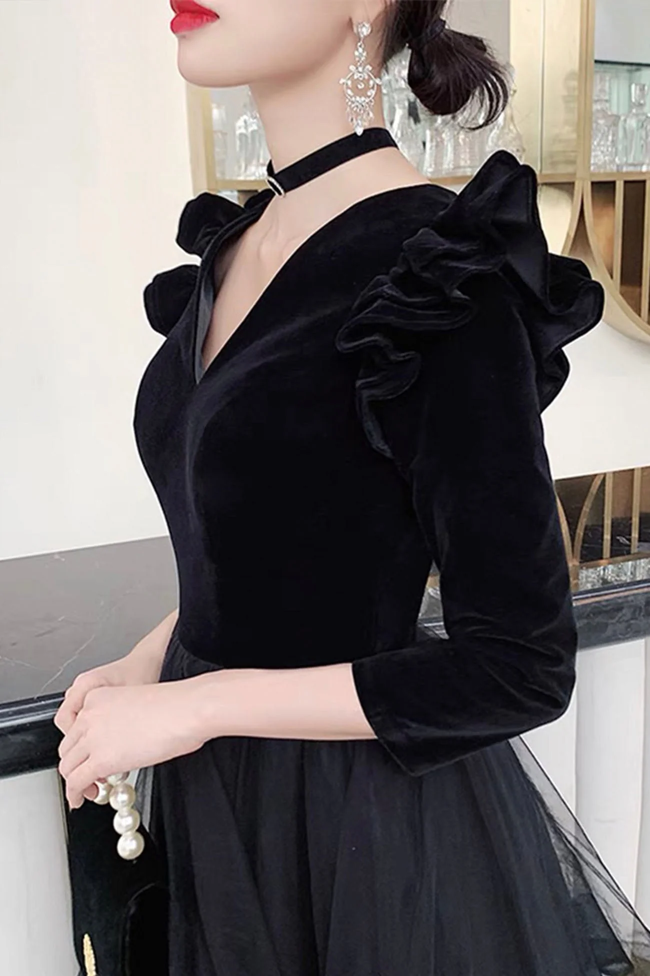 solvbao Black A-Line Long Sleeve Prom Dress, Black V-Neck Evening Dress - Deanwangkt
