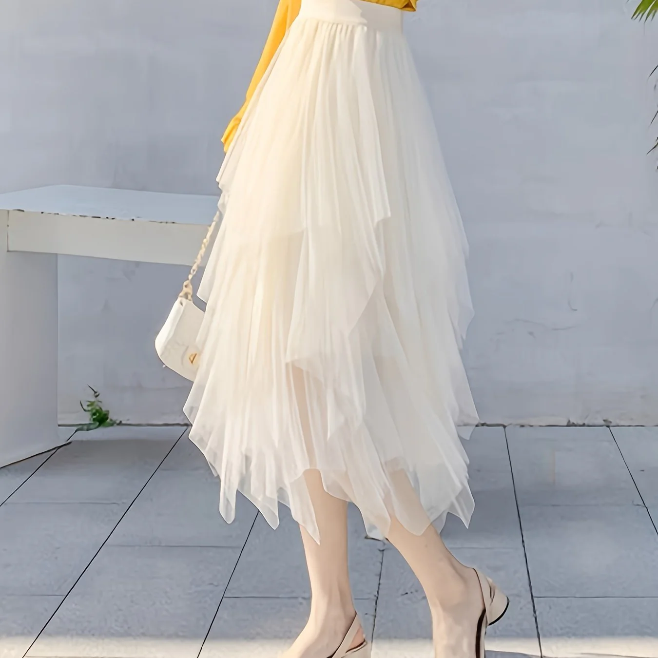 deanwangkt-1 Solid Color Mesh Layered Skirt, Elegant Elastic Waist Midi Length Skirt, Women's Clothing - Deanwangkt