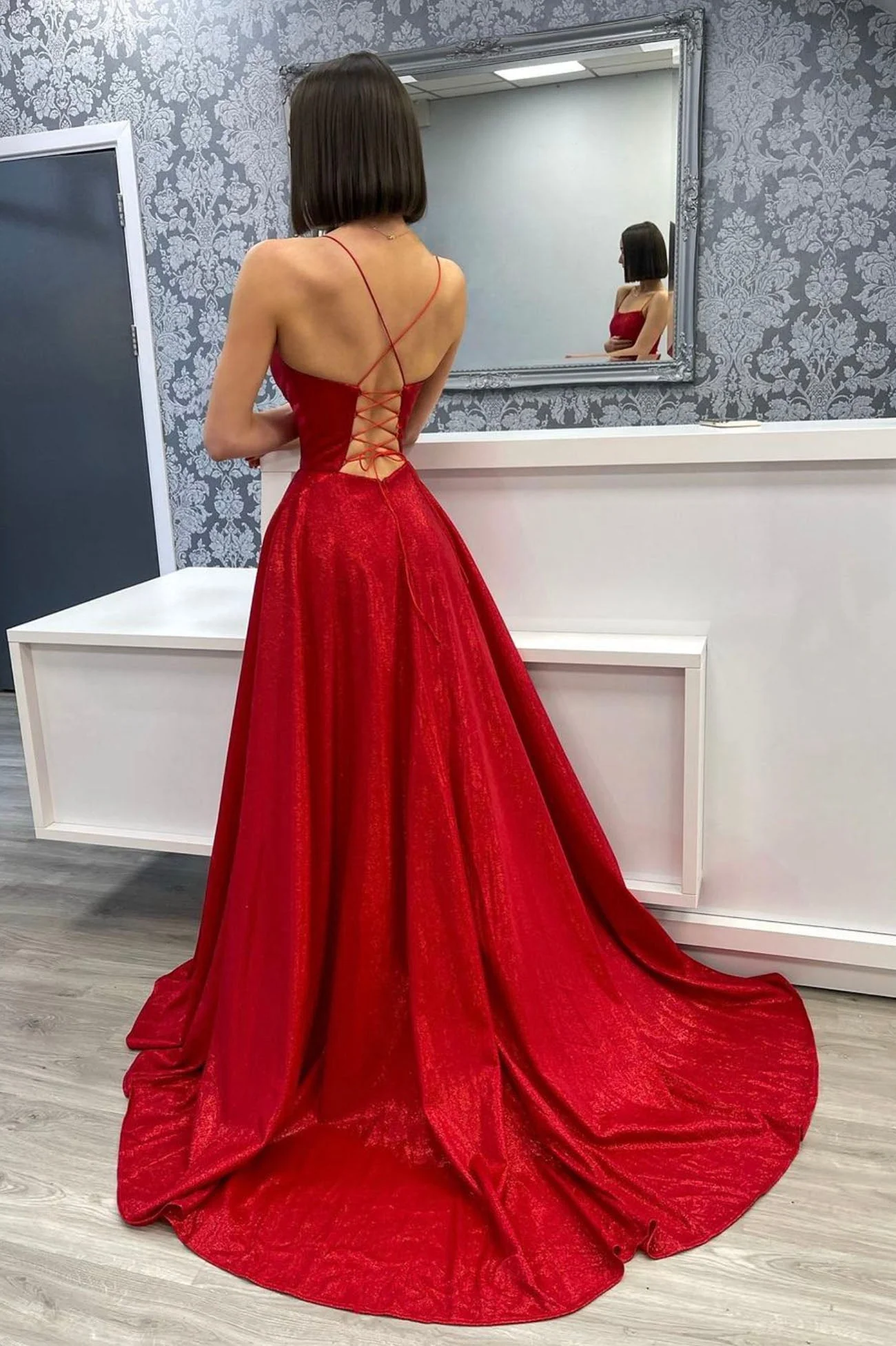 solvbao Red Satin Long A-Line Prom Dress, Red Backless Evening Dress with Slit - Deanwangkt
