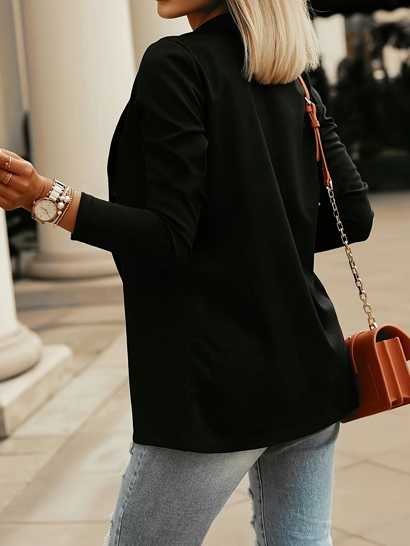 deanwangkt-1 Solid Lapel Open Front Blazer, Casual Long Sleeve Work Office Outerwear, Women's Clothing - Deanwangkt