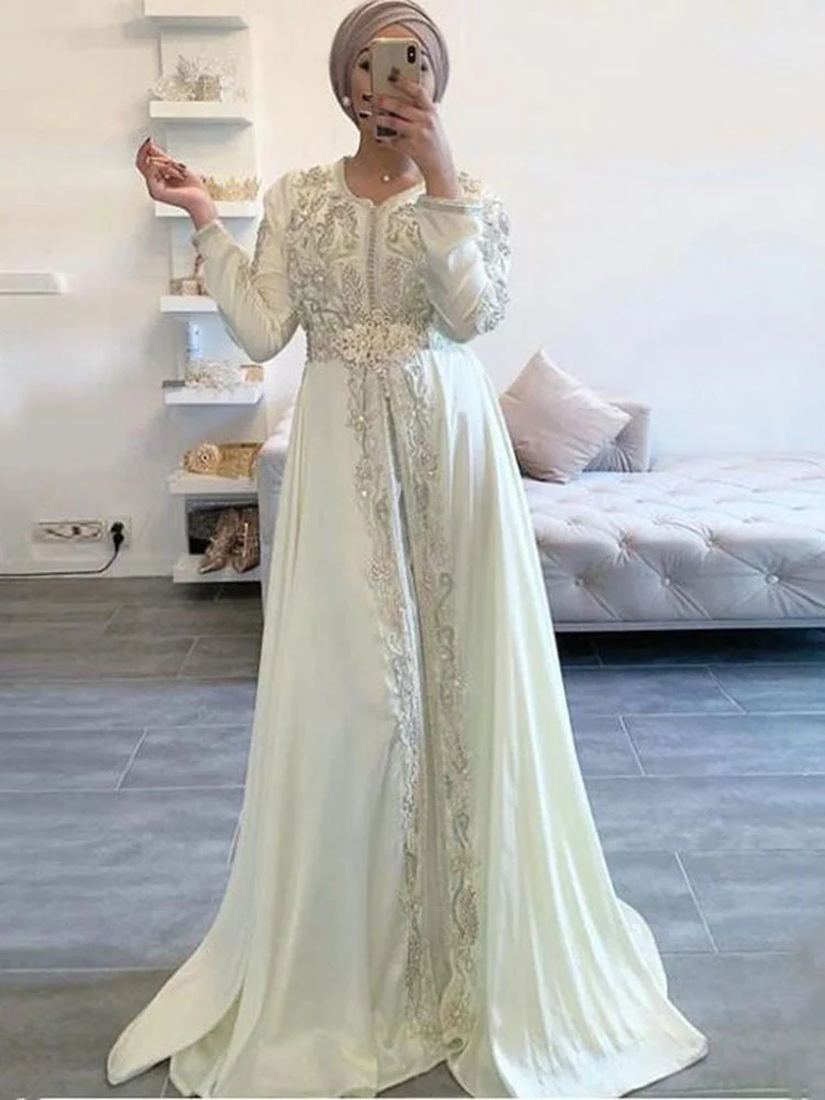 DEANWANGKT Lace Beaded White Ivory Moroccan Caftan Dress Long Sleeve Islamic Dubai Saudi Arabic Formal Evening Dress Abaya Prom Dress - Deanwangkt
