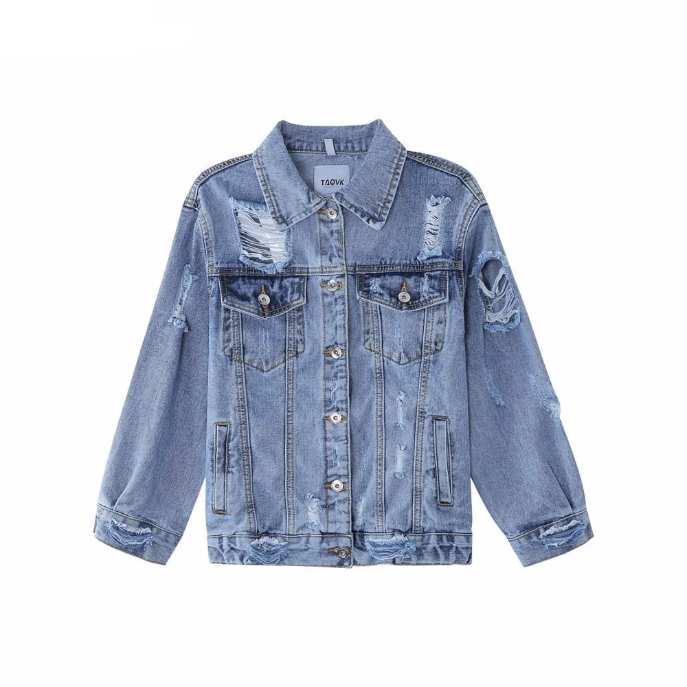 deanwangkt Women's  Casual Short Jean Jacket Sexy Denim Jackets Solid Casual Blue Cowboy Jackets Hole Loose Jean Coats - Deanwangkt