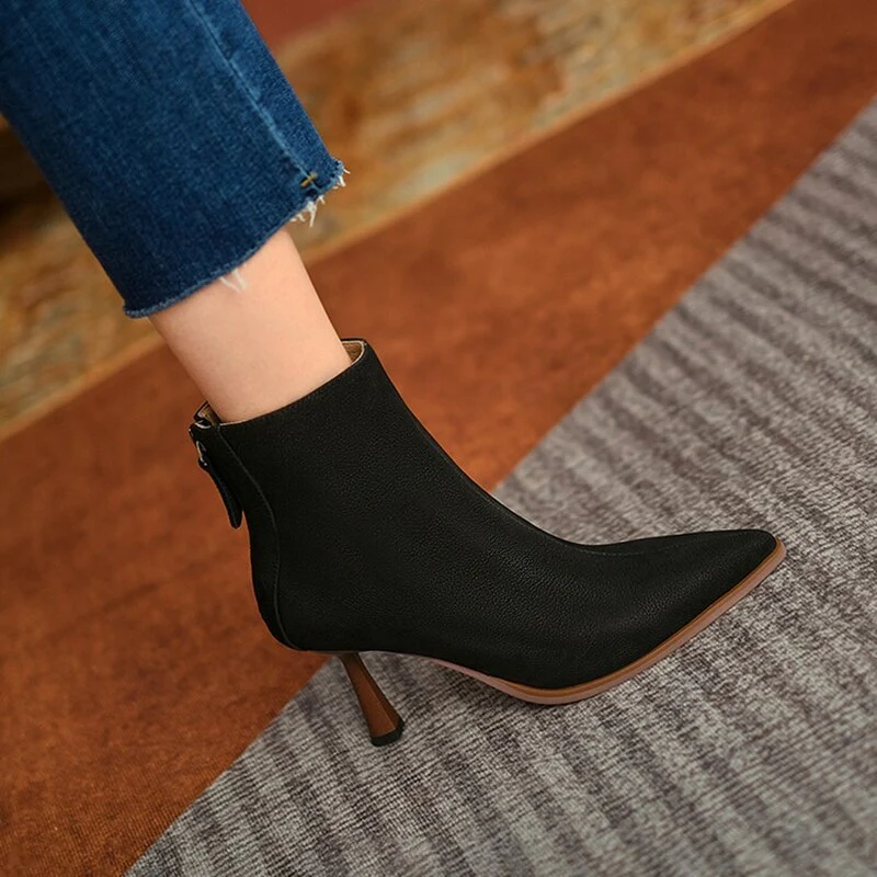 deanwangkt Autumn Boots    NEW Fall Shoes Women Pointed Toe High Heel Shoes Genuine Leather Shoes Thin Heel Ankle Boots for Women Zipper Modern Boots - Deanwangkt
