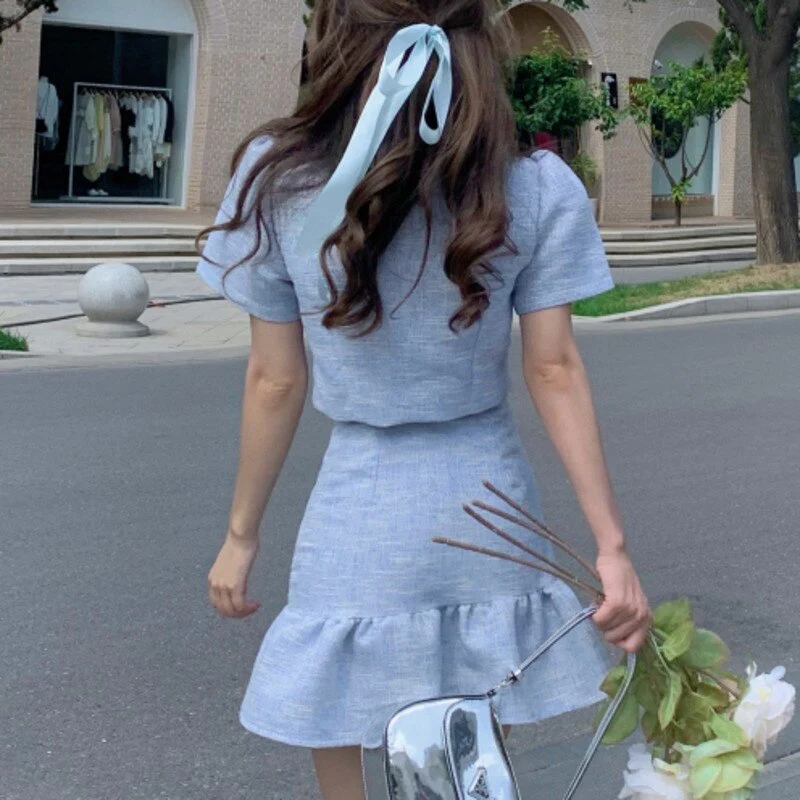 deanwangkt High Quality New Summer Fashion Korean Sweet Elegant 2 Piece Set Women Crop Top Shirt Blouse Mini Skirt Suits Two Piece Outfits - Deanwangkt