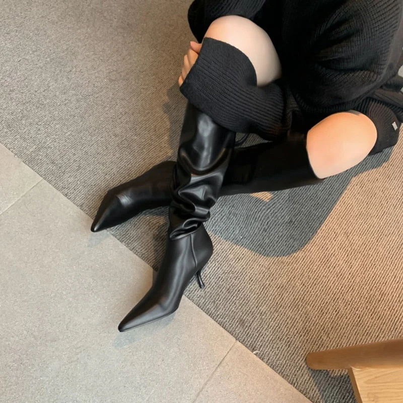 deanwangkt Autumn Boots     NEW Fall Shoes Women Pointed Toe Stiletto Leather Boots for Women INS Fashion Knee-high Boots Solid Pleated High Heel Boots - Deanwangkt