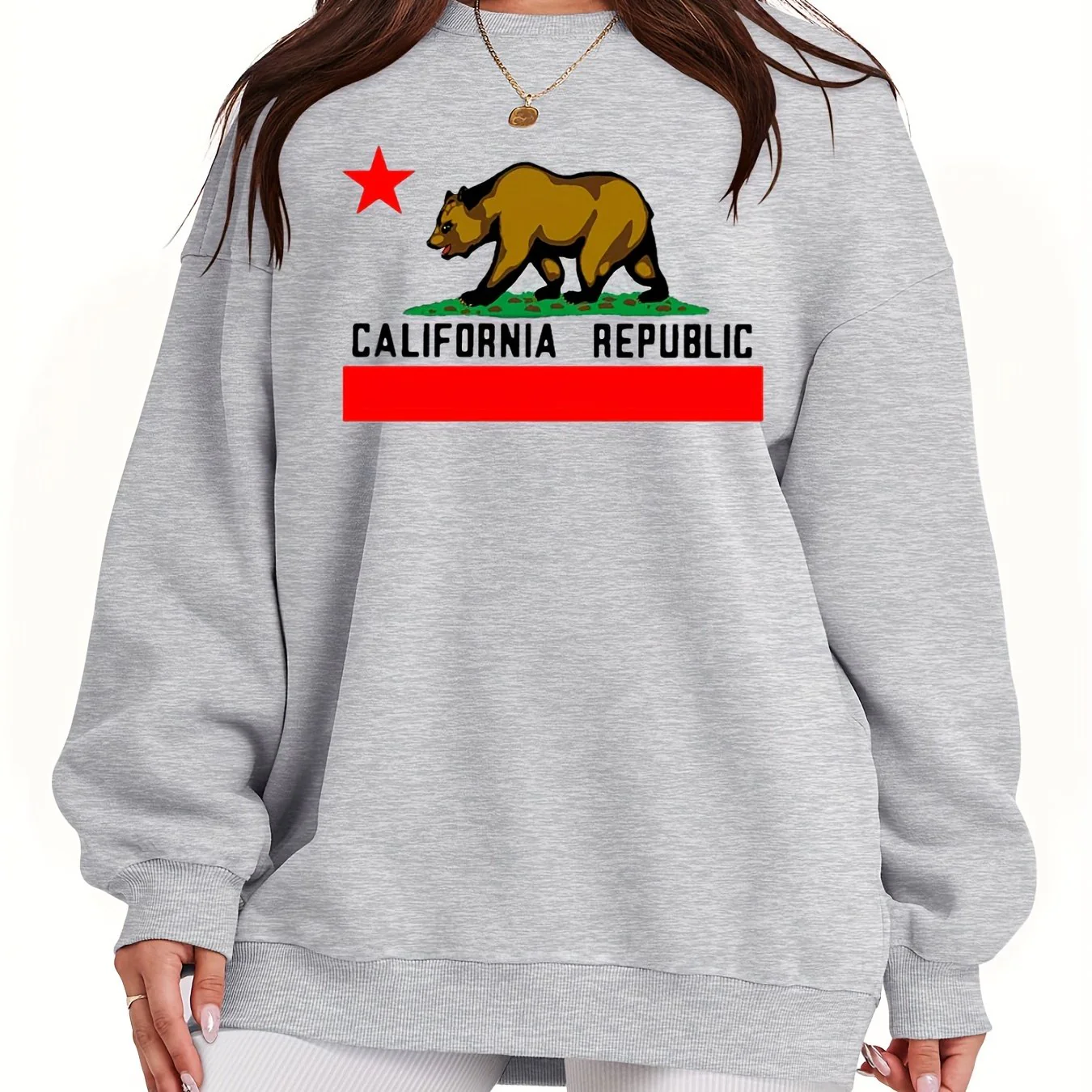 California Republic Print Sweatshirt, Casual Long Sleeve Crew Neck Sweatshirt, Women's Clothing - Deanwangkt
