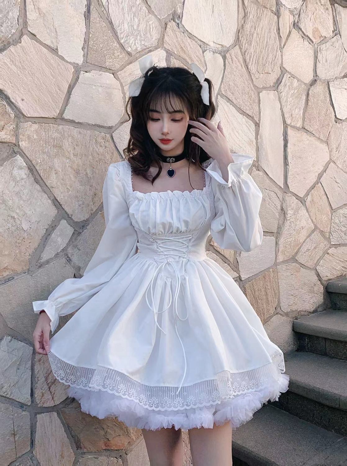 deanwangkt White Lolita Dress Kawaii Vinatge Long Sleeve Mini Dresses Black Gothic Bandage Lace Patchwork Streetwear Square Collar - Deanwangkt