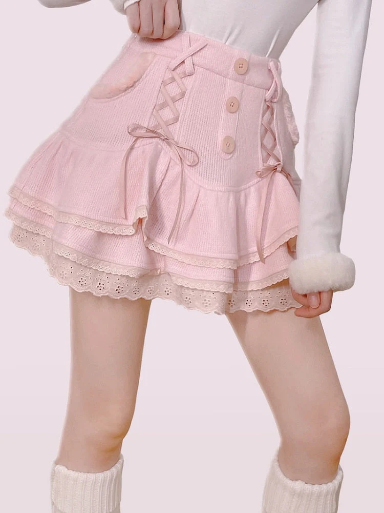 Japanese Kawaii Lolita Mini Skirt Women Winter Lace Casual Elegant Sweet Female Skirt High Waist Bandage Korean Skirt  New - Deanwangkt
