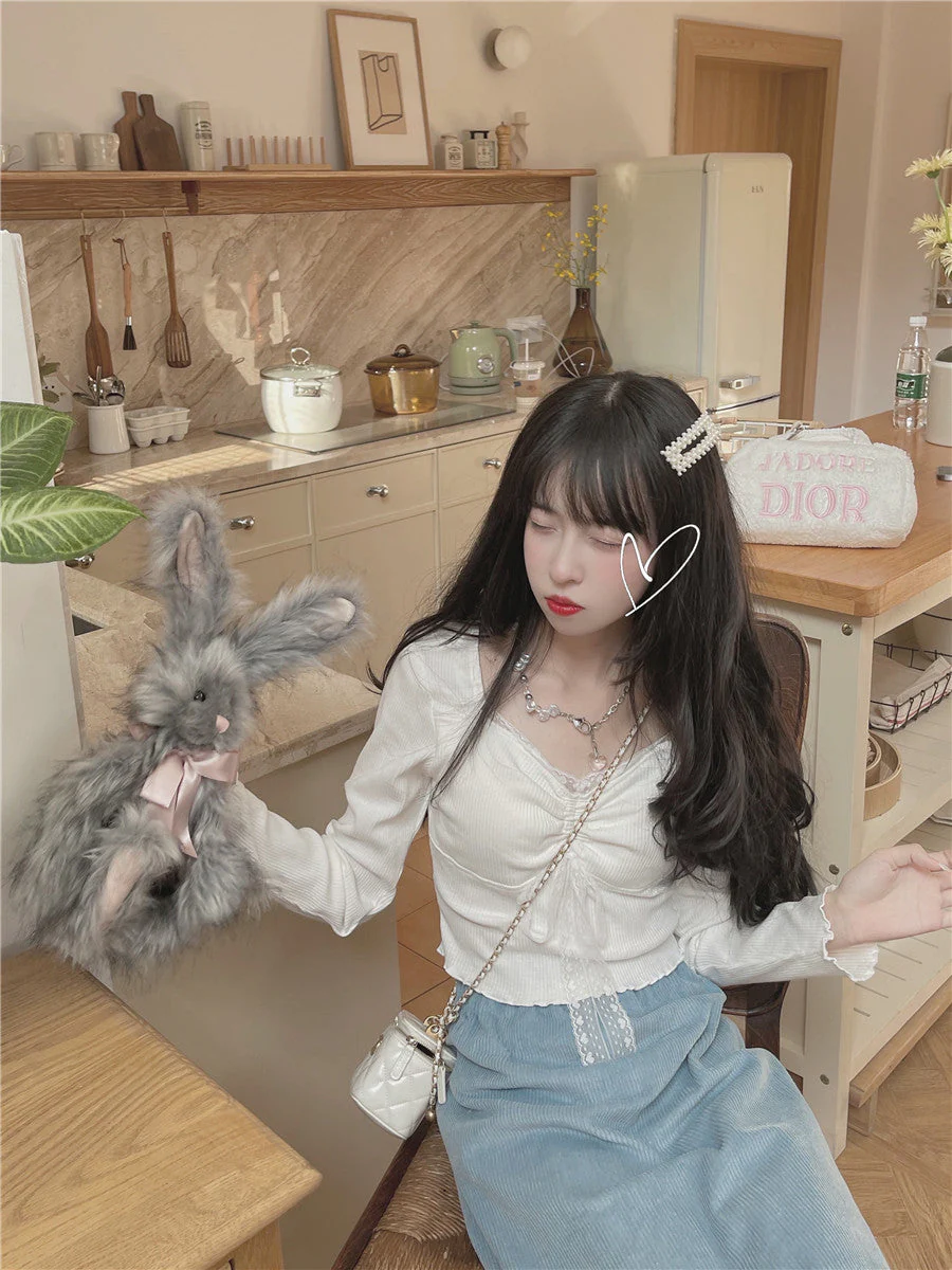 deanwangkt Autumn White Kawaii Lolita Female Blouse Lace Japanese Sweet Long Slevee Tops Women Knitted Casual Korean Designer Clothing - Deanwangkt