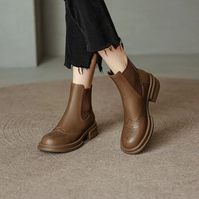 deanwangkt Autumn Boots  Women Shoes Round Toe Chelsea Boots for Women Split Leather Brogues Winter Chunky Heel Ankle Boots Black Motorcycle Boots - Deanwangkt