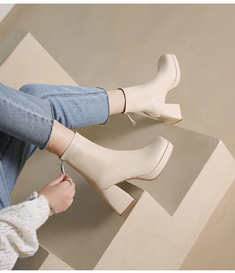 deanwangkt New Autumn Winter Leather Short Boots Women Square High Heel Women Shoes Zipper All Match Ankle Boot Female Platform Shoes - Deanwangkt