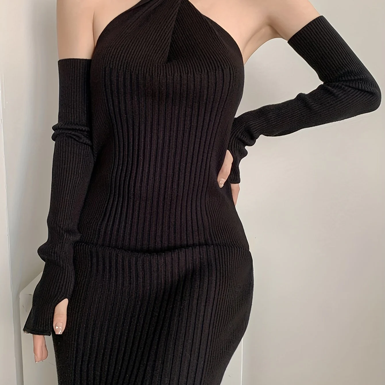 Turtleneck Solid Bodycon Dress, Elegant Split Maxi Dress, Women's Clothing - Deanwangkt