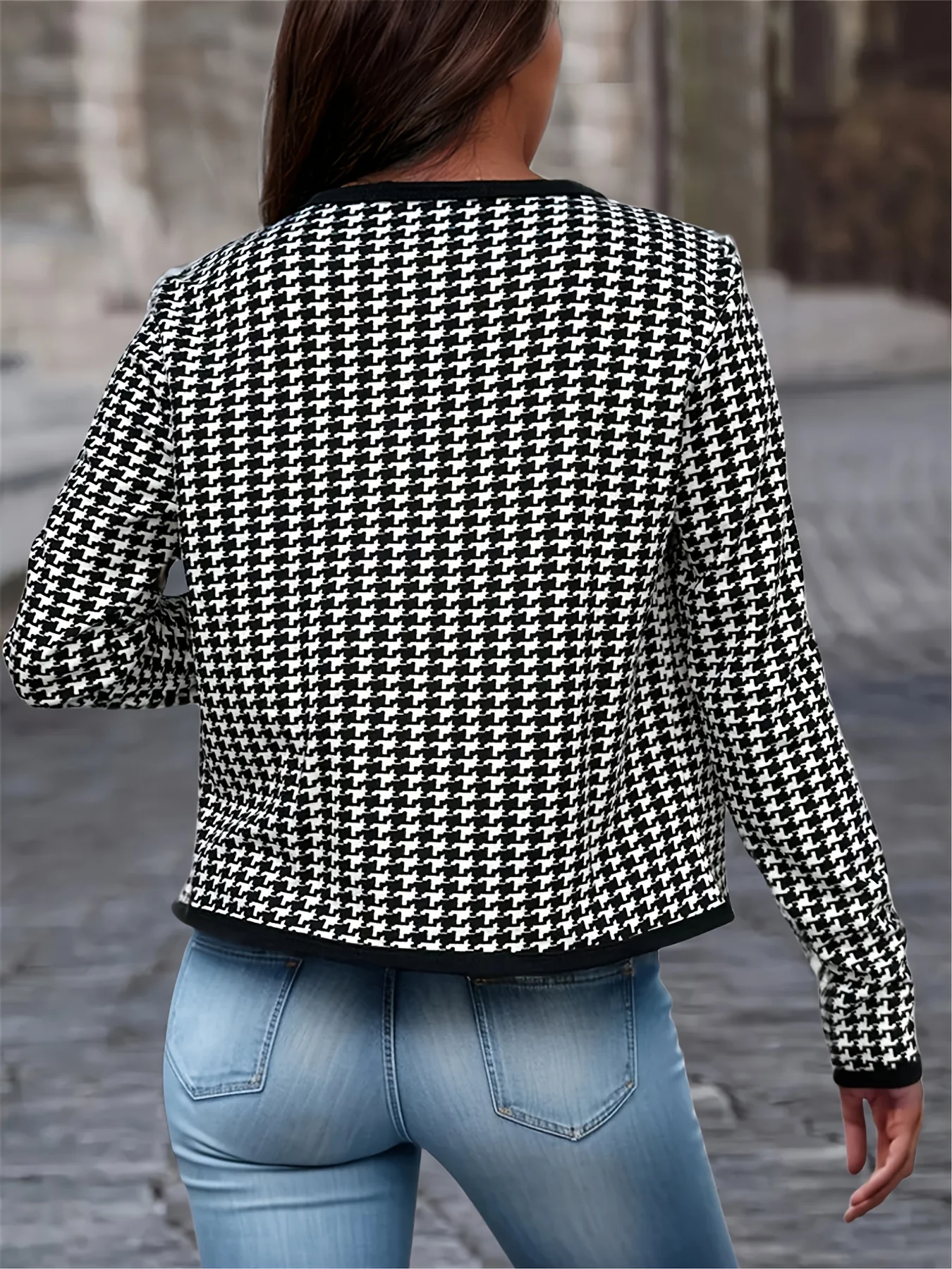 Plaid Open Front Jacket, Casual Contrast Trim Jacket For Spring & Fall, Women's Clothing - Deanwangkt